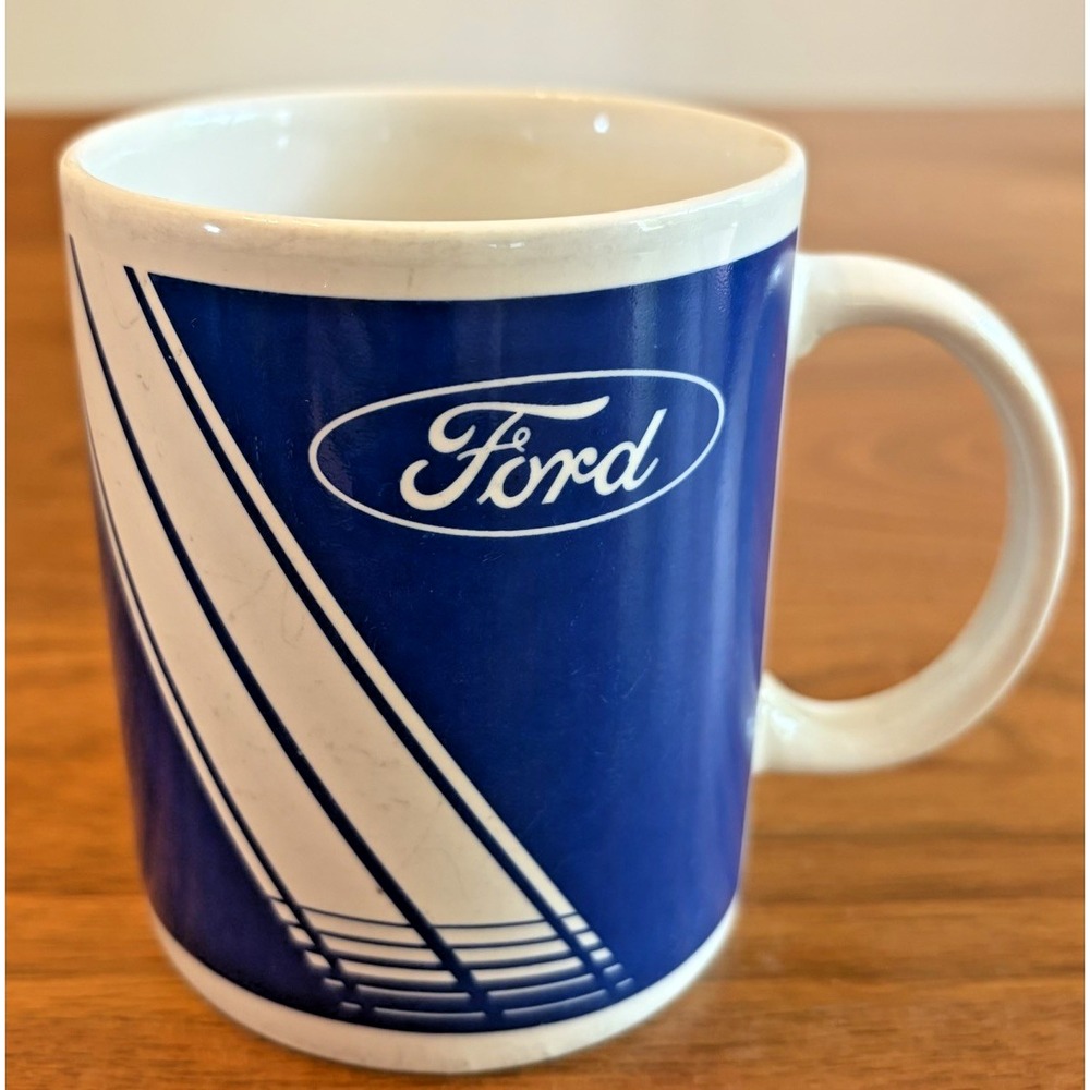 Ford Motor Company Blue White Striped Ceramic Coffee Mug 10oz MSRF Vintage Auto
